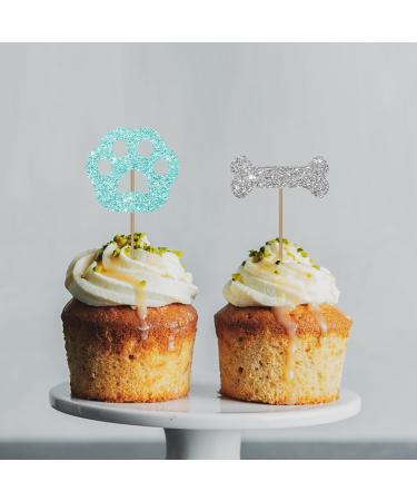 Dog Paw & Bone Cupcake Toppers Puppy Baby Shower Cupcake Toppers Puppy Themed Dessert Picks Baby Girl/Boy Birthday Party Decoration - Blue & Silver Glitter - Buy Online on GoSupps.com