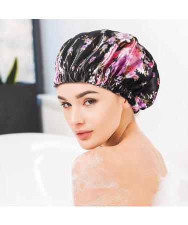 4-Piece Soft Hair Bonnets & Shower Caps Set for Women - Floral Black | Reusable, Adjustable, Waterproof Satin Caps for Silky Hair - Ideal for Sleeping & Bathing - Buy Online on GoSupps.com