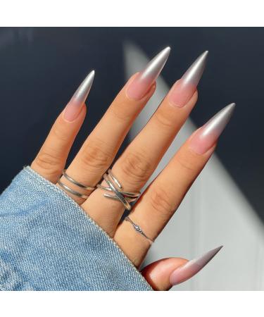 JUSTOTRY 24 Pcs Pearl Stiletto Fake Nails Long Gradient Grey French Press on Nails Patterns Nude Almond Stick on Nails for Women Acrylic Extra Long False Nails Long with Glue for Nail Art Pearl & Stiletto1 1 count (Pack of 1)