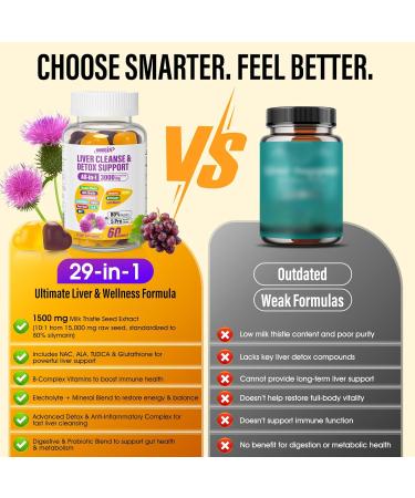 Liver Cleanse Detox & Repair Gummies - 29-in-1 1500mg Milk Thistle Supplement with Beetroot Dandelion Artichoke, Vegan Gummy with NAC TUDCA Vitamins Supports Immune, Boosts Energy, Gut Health, 60 ct Mixed(Orange+Grape) 60 C  - Buy Online on GoSupps.com