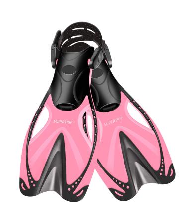 Supertrip Kids Snorkel Fins, Swim Fins for Lap Swimming, Adjustable Short Flippers, Travel Size Diving Fins Scuba Fins, Snorkeling Gear for Kids Boys Girls Age 6-14 S/M(9-13) Pink