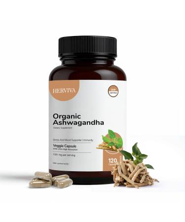 Organic Ashwagandha 1500mg per Serving 120 Veggie Capsules with Black Pepper Extract High Strength Adaptogen for Stress Relief Energy & Immune Support Non-GMO Gluten Free