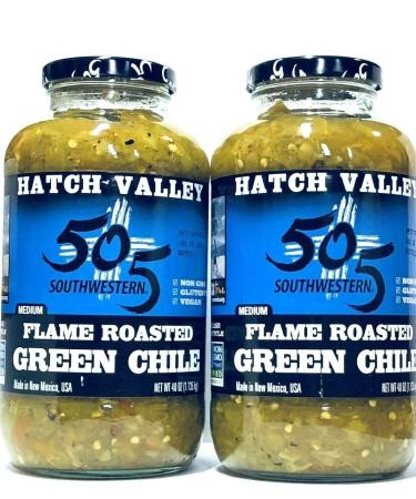 Hatch Valley 505 Southwestern MEDIUM Flame Roasted Green Chile 2 Jars 40oz/1.13k g