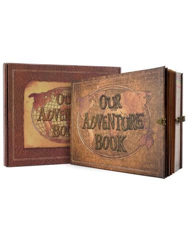 JIMBON Our Adventure Book 180 Pages Scrapbook Photo Album Retro Style Embossed Letter Leather Cover Travel Diary Journal Scrap Book For Couples Memory Book For Anniversary Wedding Best Friend Gift 10.2 inch Brown
