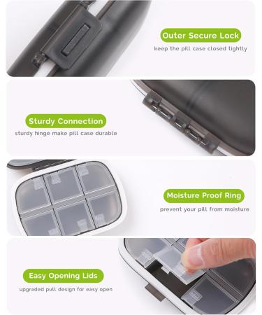 MEACOLIA Travel Pill Organizer - Portable Daily Pill Box with 8 Compartments for Vitamins Supplements & Medicines - Easy Open Design (Clear Black - Buy Online on GoSupps.com