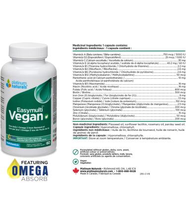 Platinum Naturals Easymulti Vegan 60 Vegan Liquid Capsules Complete Multivitamin for Men & Women Includes Omega 3 Flaxseed Oil Enriched with Vitamin B1 B2 B3 B5 B6 B12 C Iron & Zinc 60 count (Pack of 1) - Buy Online on GoSupps.com