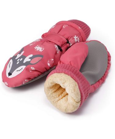 Flammi Kids Winter Ski Mittens for Girls | Warm & Water-Resistant Snow Gloves | Reindeer Design | Dark Pink | Ages 2-8 - Buy Online on GoSupps.com