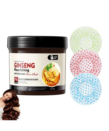 500 g Ginseng & Polygonum Multiflorum Masque capillaire incassable et lisse volumineux avec 3 bonnets de douche en EVA