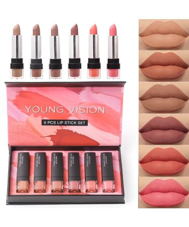 YOUNG VISION Lipsticks Set Multi-finish Matte Nude Colors Lip Stick Bundles Lip Makeup Gift Set for Women Long-lasting and Moisturizing Pack of 6
