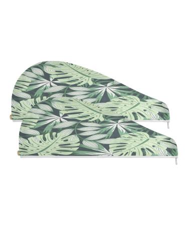 Tropical Leaves Dry Hair Cap 2 Piece Quick Drying Towel Set with Button Headband Super Absorbent Soft & Comfortable