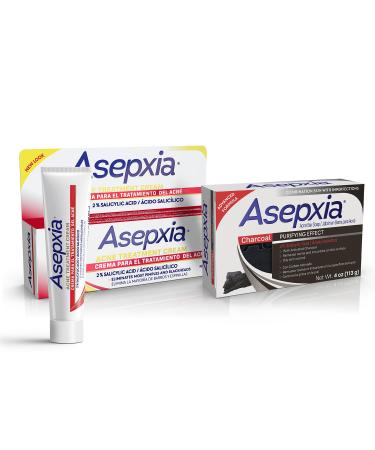 Asepxia Acne Care Set - Charcoal Cleansing Bar Soap for Acne and Blackheads + Acne Spot Treatment Cream with 2% Salicylic Acid - Removes Impurities Helps Oily Skin - 4 Oz Soap 1 Oz Cream
