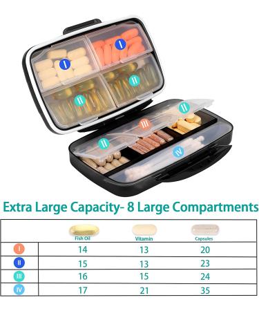 Travel Pill Organizer Oversize 8 Compartment - Portable Medication Box for Vitamins - Airtight & Moistureproof - Black Large - Buy Online on GoSupps.com