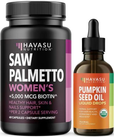 HAVASU NUTRITION USDA Organic Pumpkin Seed Oil Drops (60 Servings) & Saw Palmetto for Women Hair Complex (30 Servings)