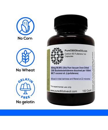 PureC60OliveOil C60 Organic MCT Coconut Oil Capsules Pills 100ml / 3.4 Fl Oz - 99.99% Carbon 60 Solvent Free 40mg - Food Grade - Carbon 60 MCT Coconut Oil - from The Leading Global Producer C60 Coconut Oil - Buy Online on GoSupps.com