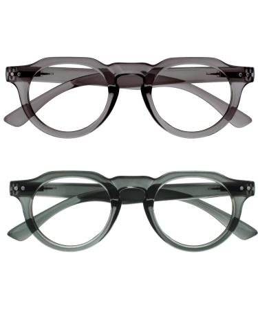 Opulize Rio Reading glasses with blue light filter - flattened frame - women & men - spring hinges - B53-1 +2.50 Magnification Transparent Dark Green - Transparent Medium Gray