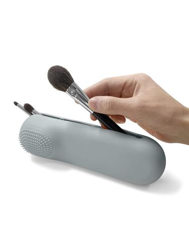 Travel Makeup Brush Holder Portable Silicone Makeup Brush Covers Cosmetic Face Tools Organizer with brush cleaning head and Magnetic closure Must-haves for Ladies Traveling and Shopping Party Grey