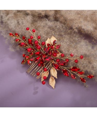 Teyglen Red Rhinestone Crystal Wedding Hair Comb - Bridal Hair Accessory for Women - Gold Silver Leaf Design - Buy Online on GoSupps.com