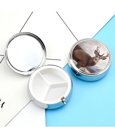 Round Pill Box with Wild Animals Deer Print - 3 Compartment Metal Pill Organizer | Portable Decorative Pill Case - Style-9 - Buy Online on GoSupps.com