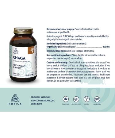 PURICA - Chaga Micronized Mushrooms 360 Vegan Capsules - Source of Antioxidants for the Maintenance of Good Health 360 count (Pack of 1) - Buy Online on GoSupps.com