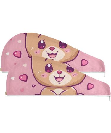 Cute Bear Pink Bow Heart Hair Towel 2 Pack | Super Absorbent Quick Dry Hair Turbans for Women & Girls - Buy Online on GoSupps.com