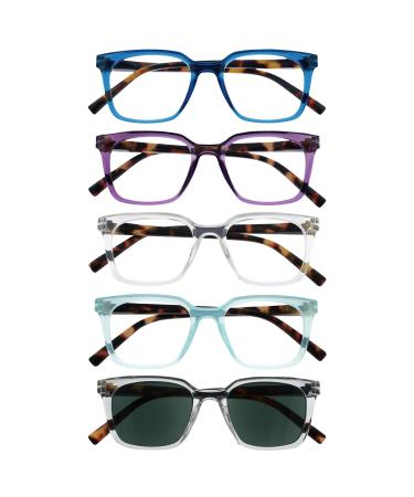 Opulize koi reading glasses - large rectangular glasses frame - visual aid for women men - feather hinges - R50 +1.50 Dioptria Black & Lila & Klar & Aqua & Klar