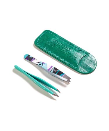 Almost Famous Beauty Eyebrow Tweezers For Women or Men Ingrown Facial Hair Removal Loose Hair Removal Tweezers With Leather Case Fulfill Precision Holiday Gift Gift - Green (Pack of 2)