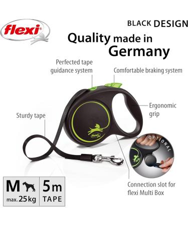 Flexi Black Design Tape Green Retractable Dog Leash - Medium 5m - For Dogs up to 25kg/55lbs - Buy Online on GoSupps.com