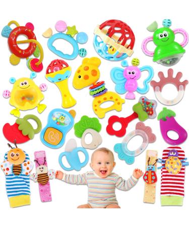 AZEN 20Pcs Baby Rattles Toys for 0-12 Month, Infant Newborn Toddler Toys for 0-6 Months, Baby Toys for 6 to 12 Months, Girl Boy Gifts Set with Teethers and Wrist Socks A-20pcs