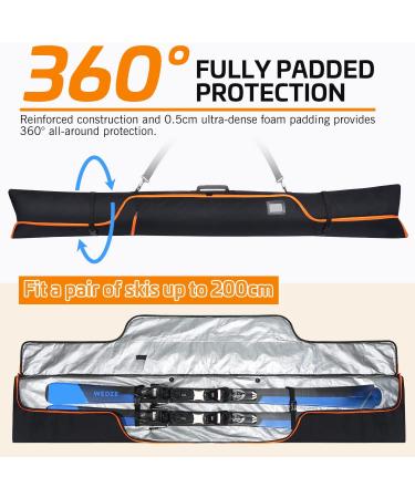 InduSKY Waterproof Full Padded Ski Bag - 900D Polyester, Adjustable Length - Fits Skis Up to 200cm - Portable Snow Travel Bag - Black-Orange - Buy Online on GoSupps.com
