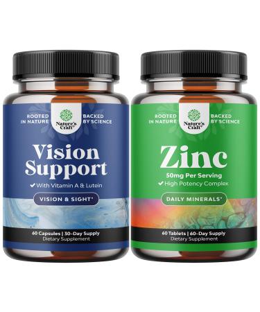 Bundle of Eye Health Supplement for Adults - Lutein 20mg Per Serving for Vision Dry Eyes and Blue Light Protection with Beta Carotene and Zinc 50mg Immune Support to Enhance Hair Skin and Nails