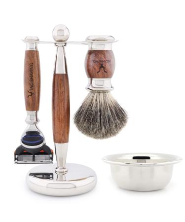 JAG Shaving Razorset - Jag's Lee Range 4 -part shaving set - Super Dachshaar Razor brush - 5 razor blades of razor plane - shaving stand made of stainless steel and wood - shaving bowl - wood set