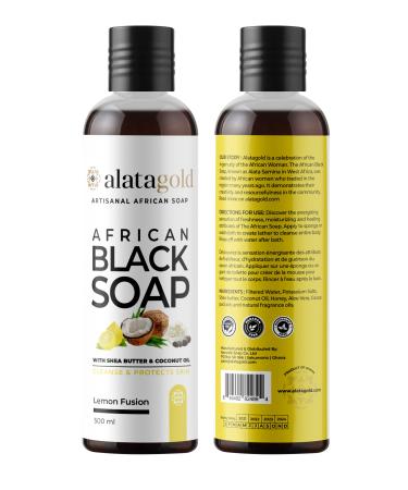 AlataGold Authentic African Black Soap Shower Gel (16.9 oz) Shea Butter Honey Aloe Vera & Coconut Oil Body Wash For Sensitive Skin. Helps with Acne - Cleanse & Moisturize - PACK OF 2 (Lemon)