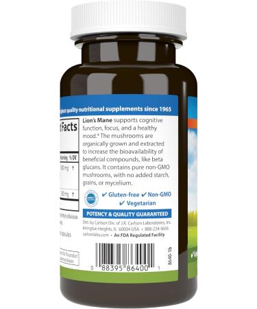 Carlson - Lion's Mane Organic Mushroom Cognitive Function Mood Health Digestive Support Non-GMO 60 Vegetarian Capsules 60 Count (Pack of 1) - Buy Online on GoSupps.com