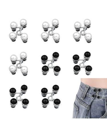 8 Pairs Pant Waist Tightener, GTAAOY Adjustable Jean Button Pin, No Sew Pant Waist Tightener, Jeans Button Replacement Pant Clips for Women, Fashion Jean Buttons Pins(White Black Pearl) 8pc White Black Pearl