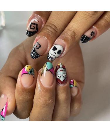24 Pcs Halloween Press on Nails Short Almond Fake Nails Multi Colored Checkered Little Witch Acrylic Nails with Black White Skull Designs Glossy False Nails Stick on Nails for Women Girls Style30