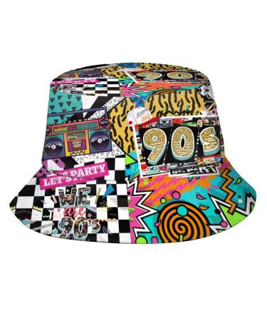 Retro Fashion 80s 90s Bucket Hat for Men Women Funny Summer Beach Fishing Hat Packable Outdoor Sun Fisherman Hat Black-1 One Size