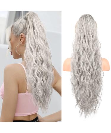 Flufymooz ponytail extension horse -tailed extension 66 cm ponytail with cord strain hair extensions curly ponytail synthetic hair part for women (gray/silver/white mixed) 66 cm gray/silver/white mixed