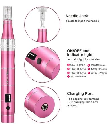 TBPHP Dermapen M1 Upgraded Electric Wireless Beauty Pen LCD Screen with 12 Replacement Cartridges - Pink - Buy Online on GoSupps.com