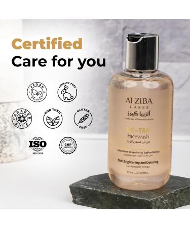 ALZIBA CARES De-Tan Anti-Tan Face Wash with Glycolic Acid Saffron and Grape Fruit Extract | Gently Cleanses Dead Skin Cells | Tan Removal Formula Facial Cleanser for Men & Women | 200ml - Buy Online on GoSupps.com