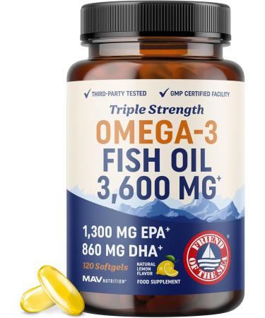 Fish Oil 3600 mg Lemon Flavor Soft Gels | Omega 3 + EPA & DHA | Brain Heart Joints Skin and Immune Support | 120 Count Non-GMO Omega-3 Burpless Softgels Supplements 120 Count (Pack of 1) - Buy Online on GoSupps.com