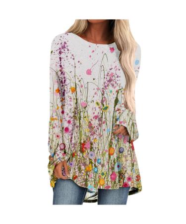 Ganfancp Women's Casual Sweatshirt Floral Print Round Neck Winter Pullover Long Sleeve Loose Vintage Tunic Blouse Fall Tops White Women Tops 05 XX-Large
