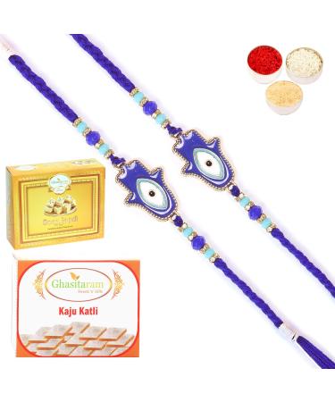 Ghasitaram Gifts Rakhi for Brother Rakhis Online - Set of 2-8931 Evil Eye Fancy Thread Rakhi with 200 GMS of Kaju katli and 200 GMS of Soan Papdi 2 Rakhis with 200 gms of Kaju katli and Soan Papdi