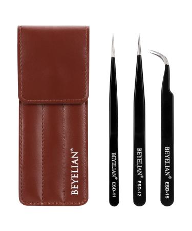 BEYELIAN Eyelash Extension Tweezers Set, Pack of 3 Professional Lash Tweezers, Isolation & Classic Volume Lashes Tweezers Kit Pack of 3 Black