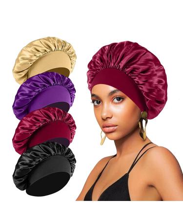 4PCS Silk Bonnet for Sleeping Hair Wrap Satin Bonnets Shower Cap for Black Women Men  Elastic Wide Band Hair Bonnet Cap for Sleeping Curly Hair(Black & Wine Red & Purple & Brown) Multicolor