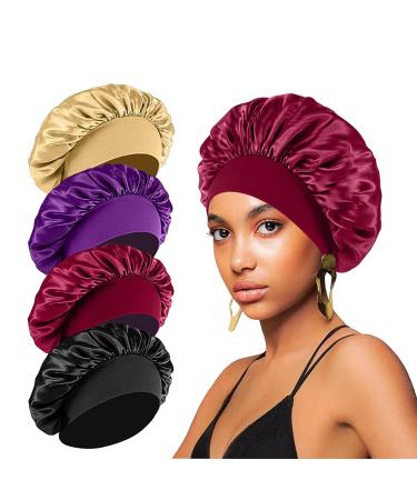 4PCS Silk Bonnet for Sleeping Hair Wrap Satin Bonnets Shower Cap for Black Women Men  Elastic Wide Band Hair Bonnet Cap for Sleeping Curly Hair(Black & Wine Red & Purple & Brown) Multicolor - Buy Online on GoSupps.com