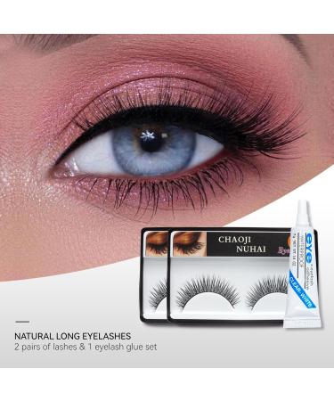 Natural False Eyelashes 2 pairs Strip Lashes with Glue Lashes Fluffy Wispy Long 3D Reusable Lashes For Daily Office Dating Fake Eyelashes - Buy Online on GoSupps.com