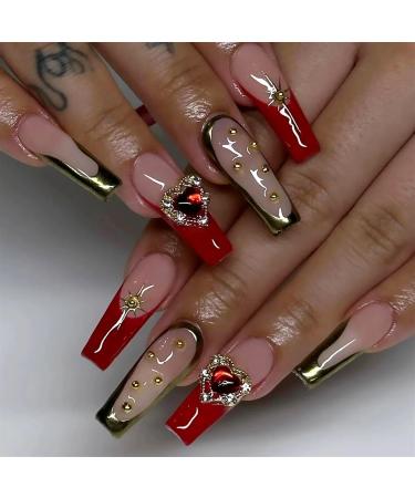 Nail Tips False Nails Tips Art Press on Nails Long Coffin False Nails with Glue Wearable Brown Fake Nails with Rhinestones Ballet Press on Nails Full Cover Nail Tips(39)