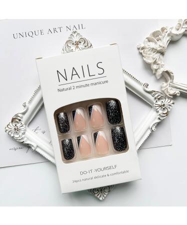 24Pcs Short Press On Nails: Square Shaped Black White V-Shaped French Tip False Nails with Silver Glitters - Glossy Acrylic Nails for Women and Girls - Buy Online on GoSupps.com