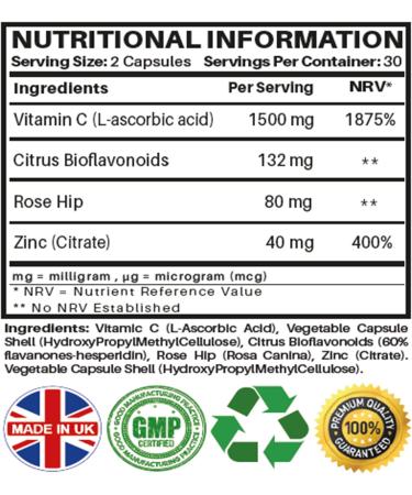 High Strength Vitamin C 1500mg and Zinc 40mg Capsules with Rosehip & Bioflavonoids | Immune System Support | 60 Vegan Capsules - Made in UK - Buy Online on GoSupps.com