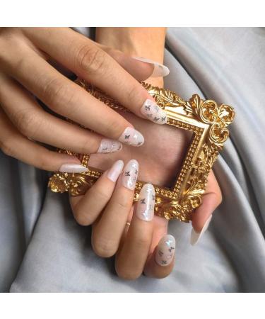 Sethexy Long Glossy Oval False Fingernails Sparkling Butterfly Design | 24pc Laser Complete Cover Acrylic Press-On Nail Tips for Women & Girls - Buy Online on GoSupps.com
